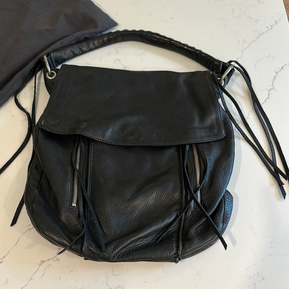 Black Pebbled Leather Shoulder Bag with Adjustable Strap